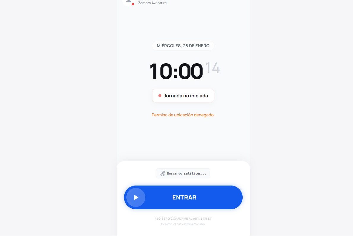 Pantalla de fichaje de entrada en FichaTic — software control horario móvil