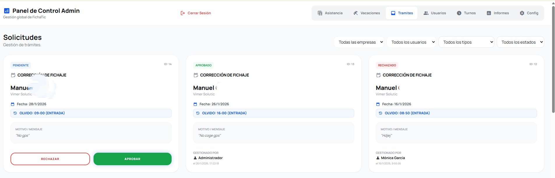 Tipos de trámites FichaTic: corrección de fichaje, ausencia justificada y vacaciones